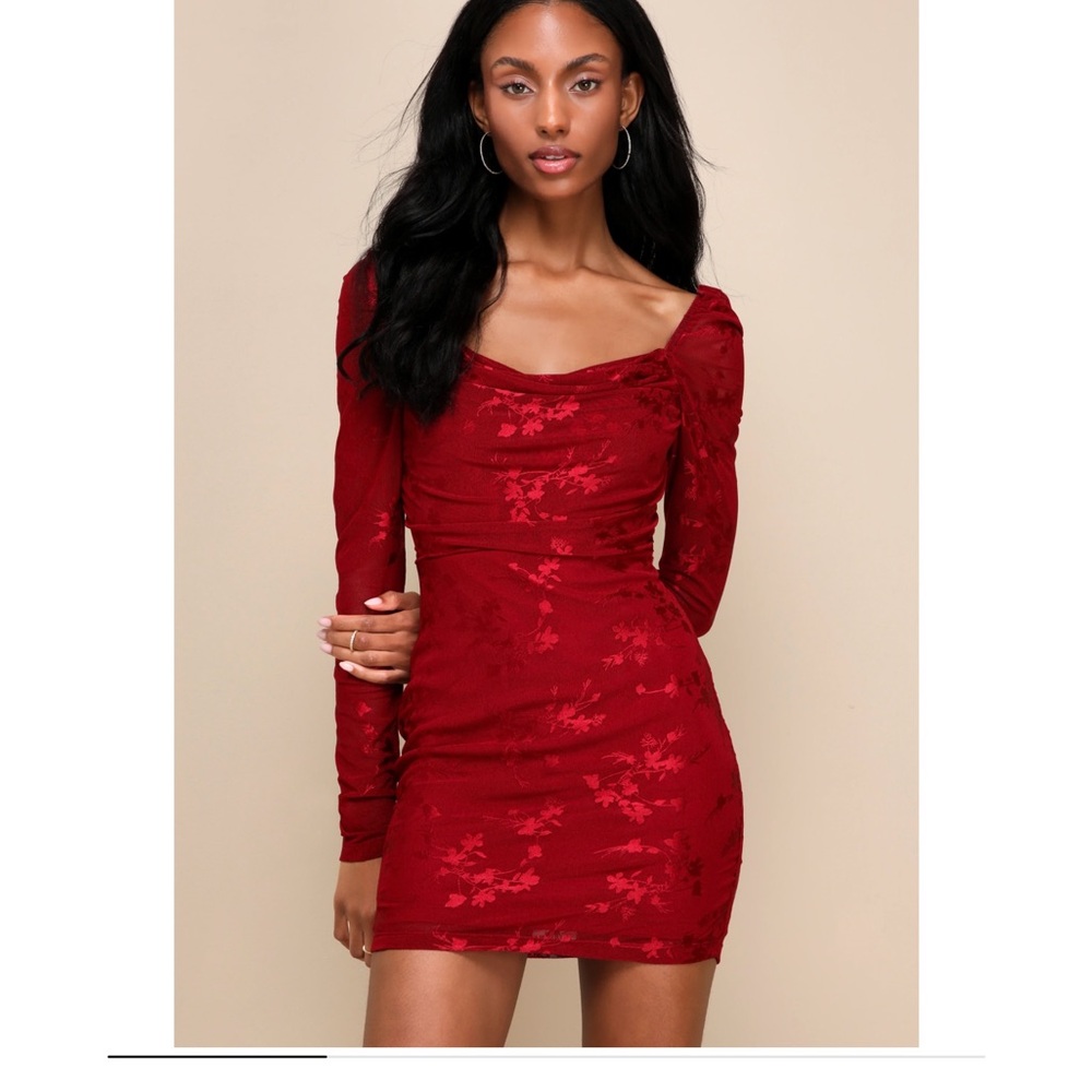 Sultry Occasion Wine Red Mesh Floral Long Sleeve
Mini Dress